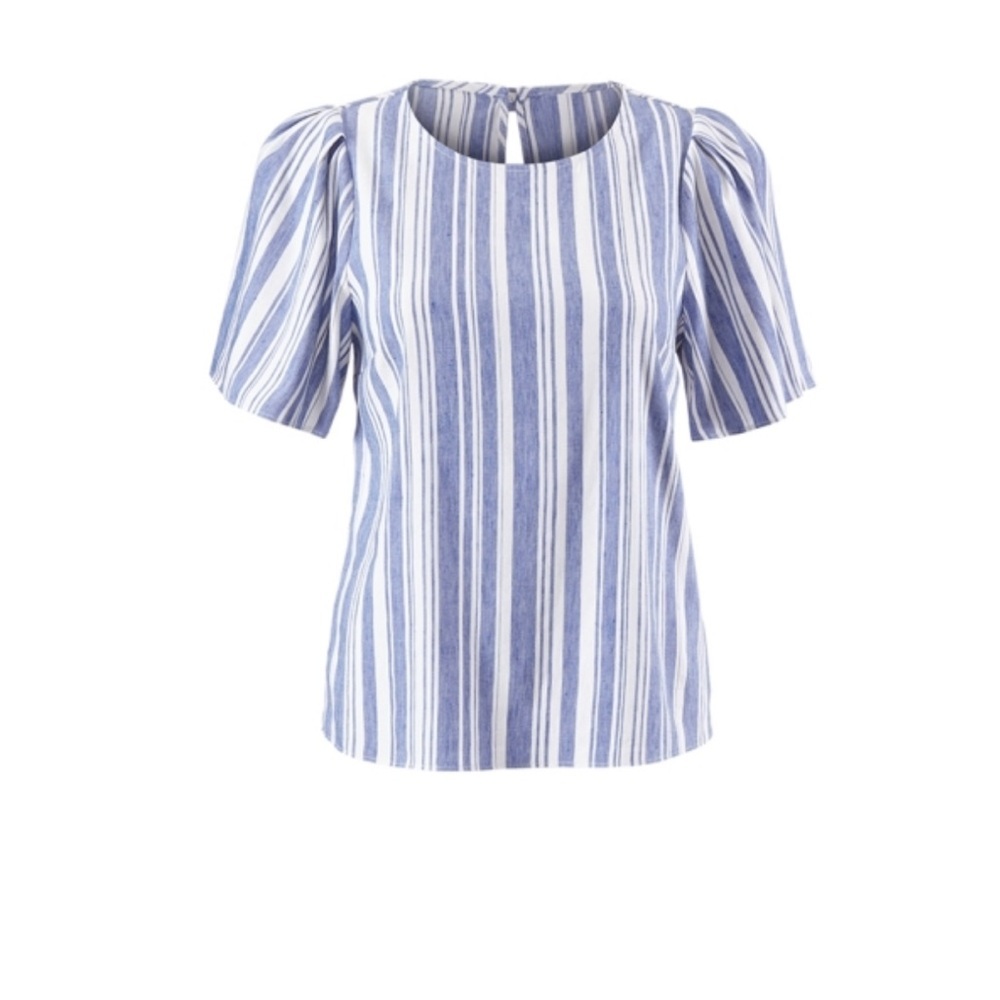 CAbi Wing Top, Striped Linen blue white, #5343, Size Large